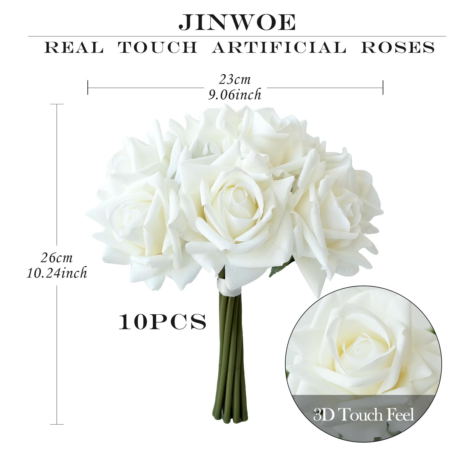 JINWOE White Flowers Roses Artificial Flowers, 10pcs Soft Real Touch Silk Art…
