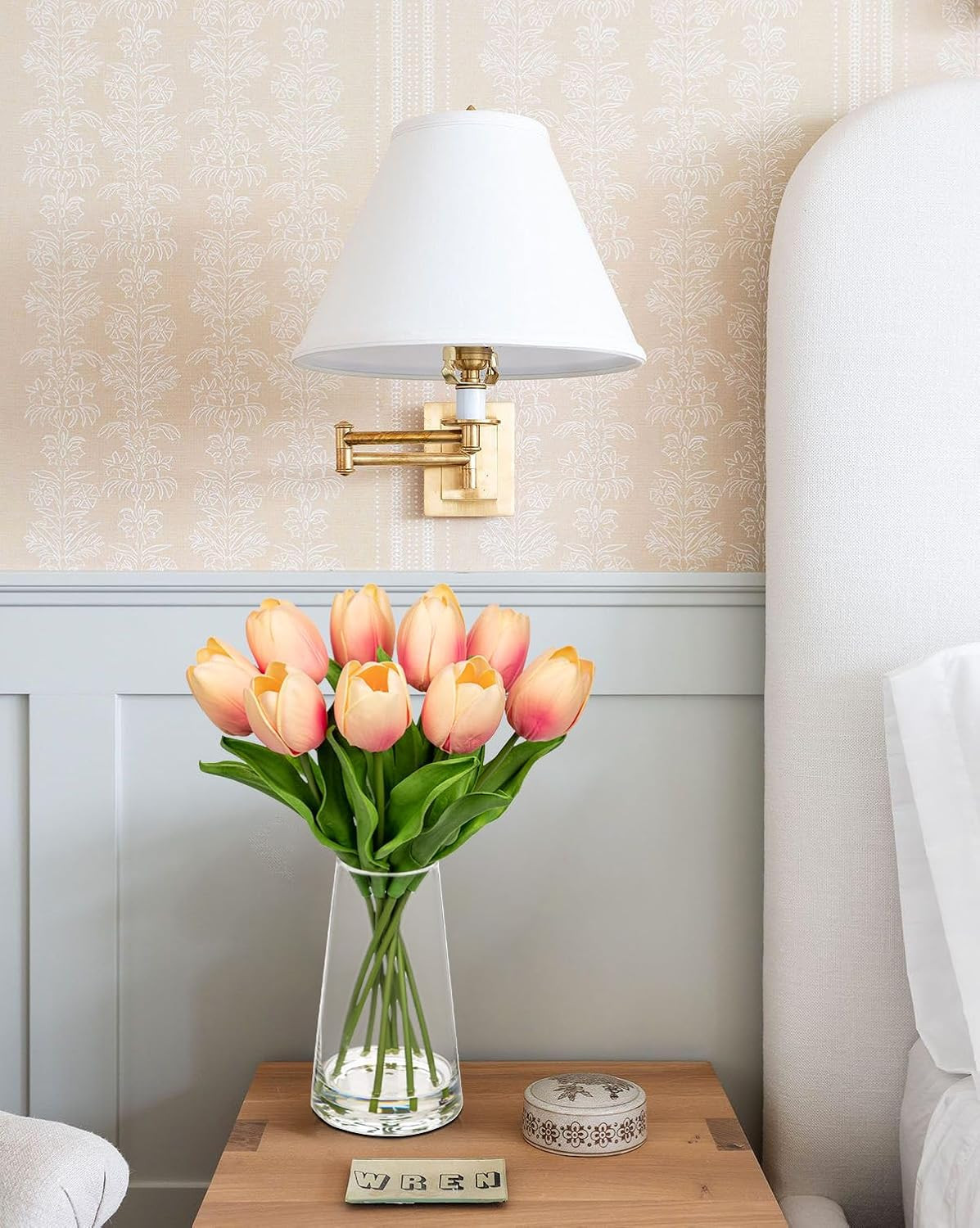 Realistic Peach Tulips in Glass Vase with Faux Water – Spring Table Centerpiece