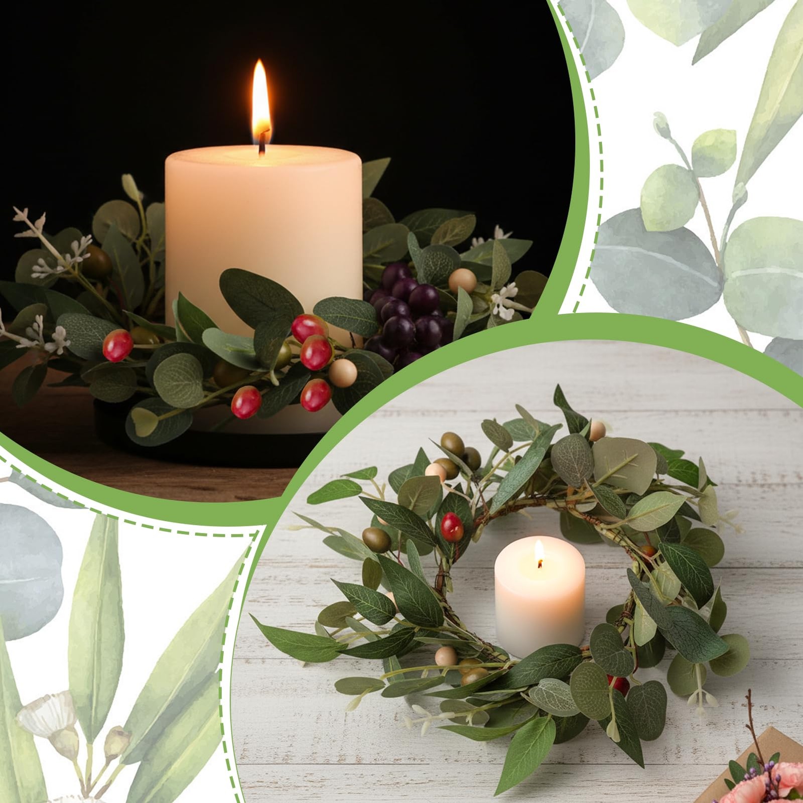 2 Pcs 4 Inch Mini Eucalyptus Wreaths for Candles, Summer Candle Rings with Ol…