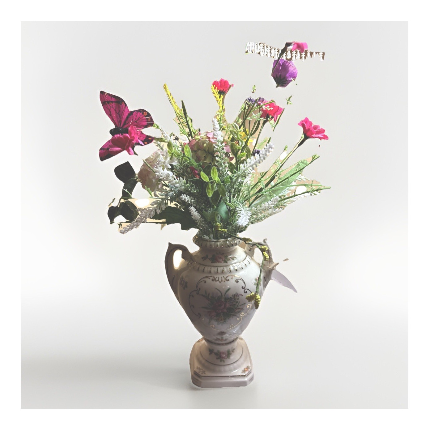 Artificial Multicolor Flower Arrangement with Mixed Roses in Ceramic Vase