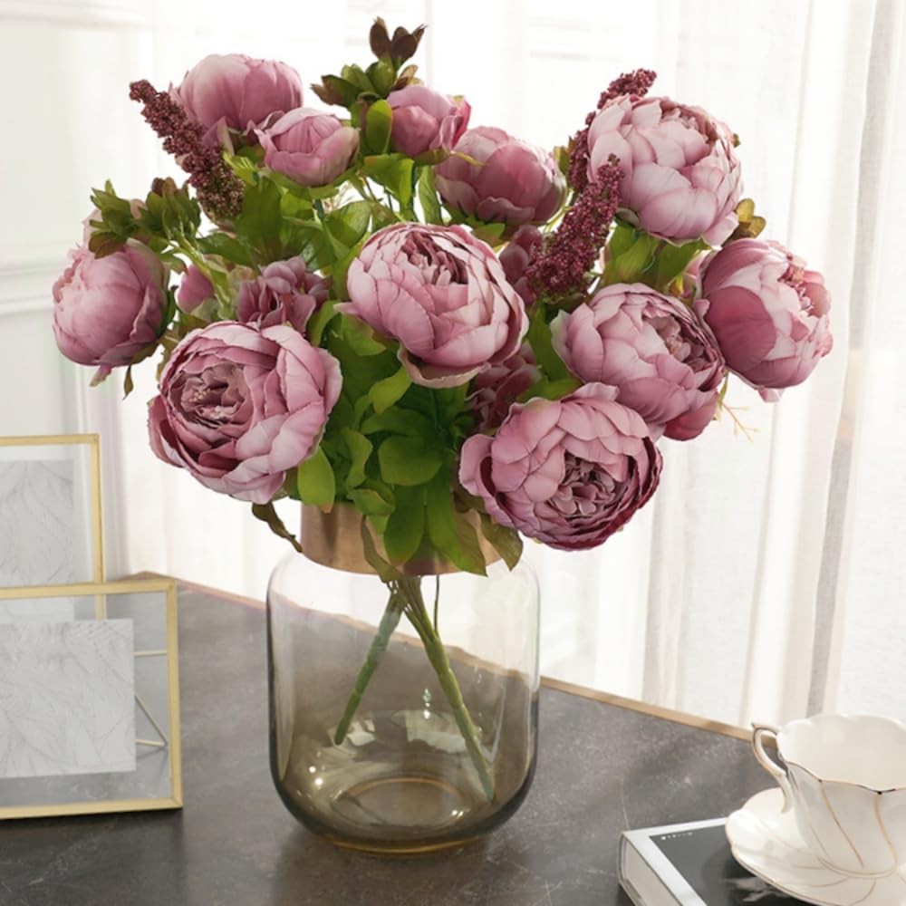 2 Pack Artificial Peony Flowers Silk Peonies Fake Bouquet Arrangement