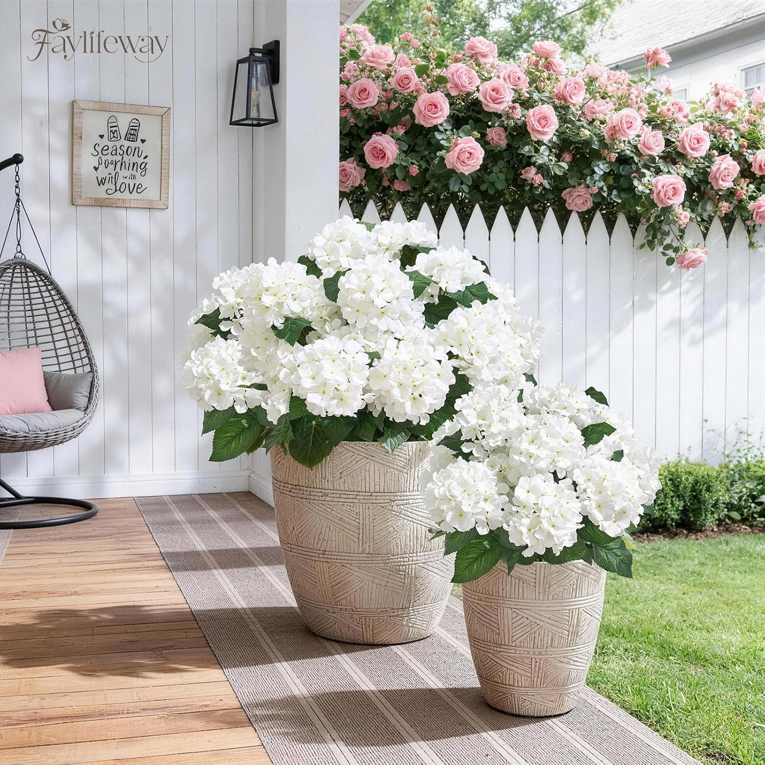 UV Resistant Faux Hydrangea Flowers – 12 Heads for Outdoor Decor (White)