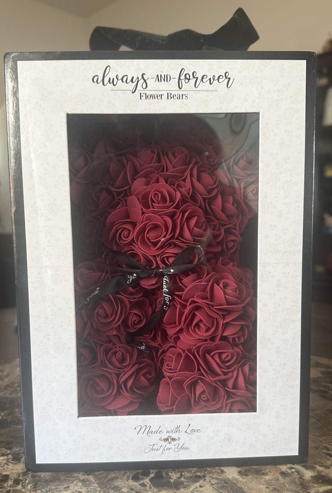 Burgundy Rose Artificial “Always & Forever” Everlasting Flower Bear 9″ w/ box