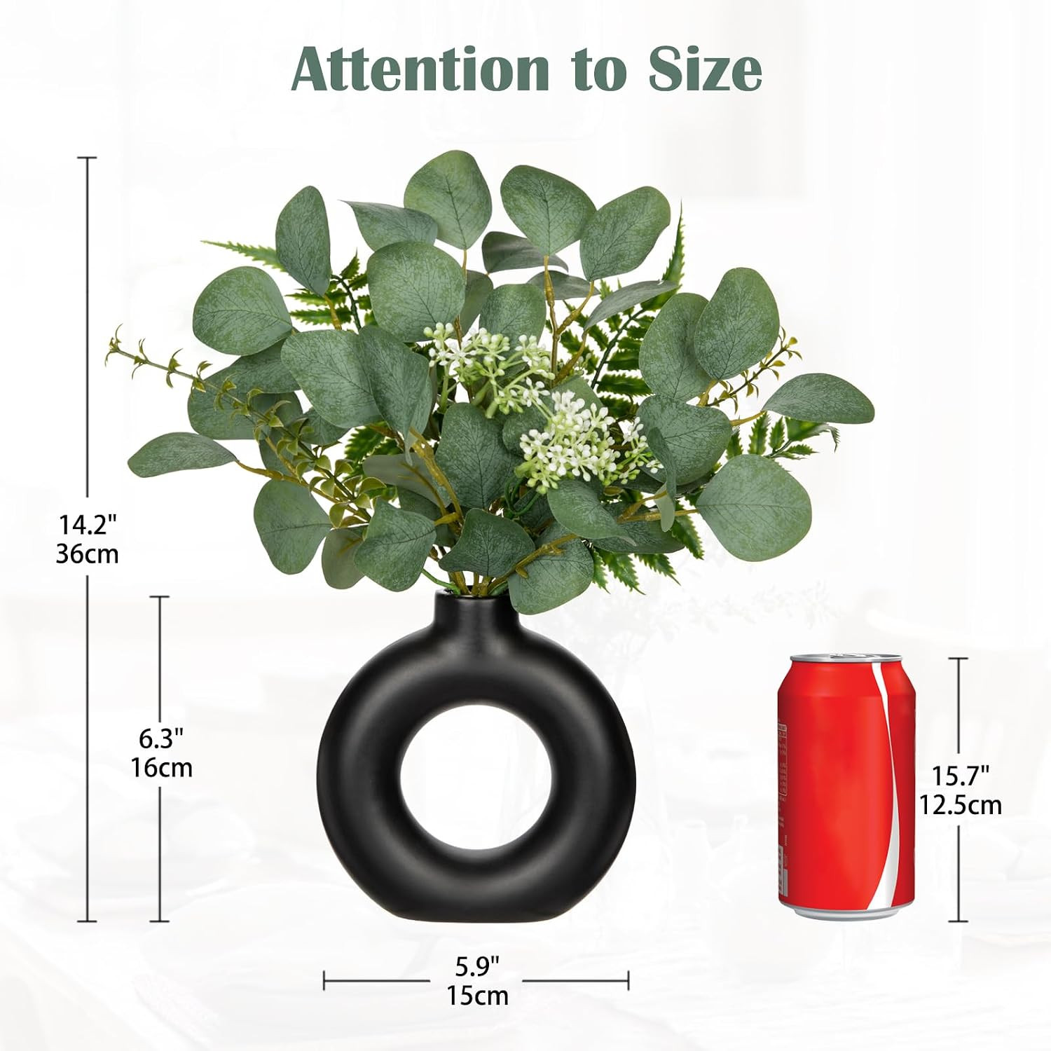 Artificial Eucalyptus Stems in Ceramic Vase 14.23″ Fake Eucalyptus Plant Decor B