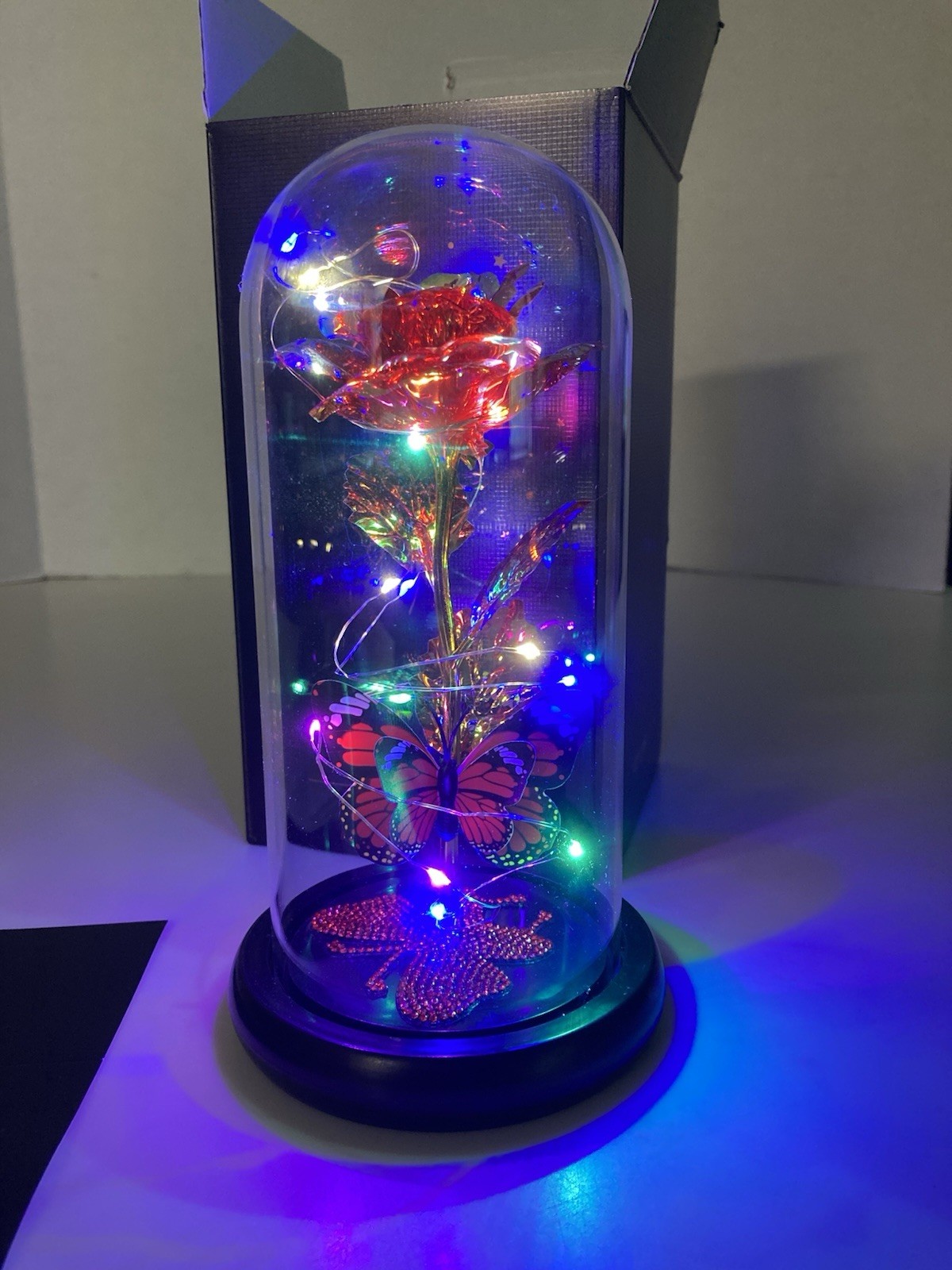 Lighted Flower & Butterfly Display Best Gift For You LED Glass Dome Red Rose New