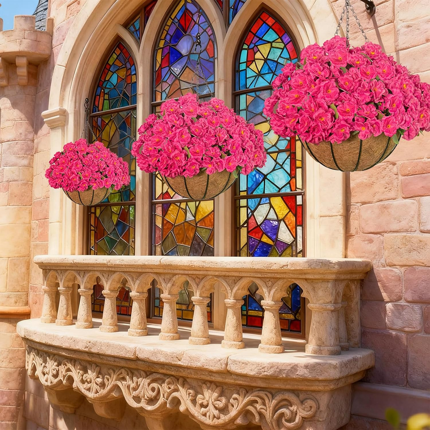 Artificial Flower Plants with Hanging Basket for Outdoor Spring Summer Decor, Ha