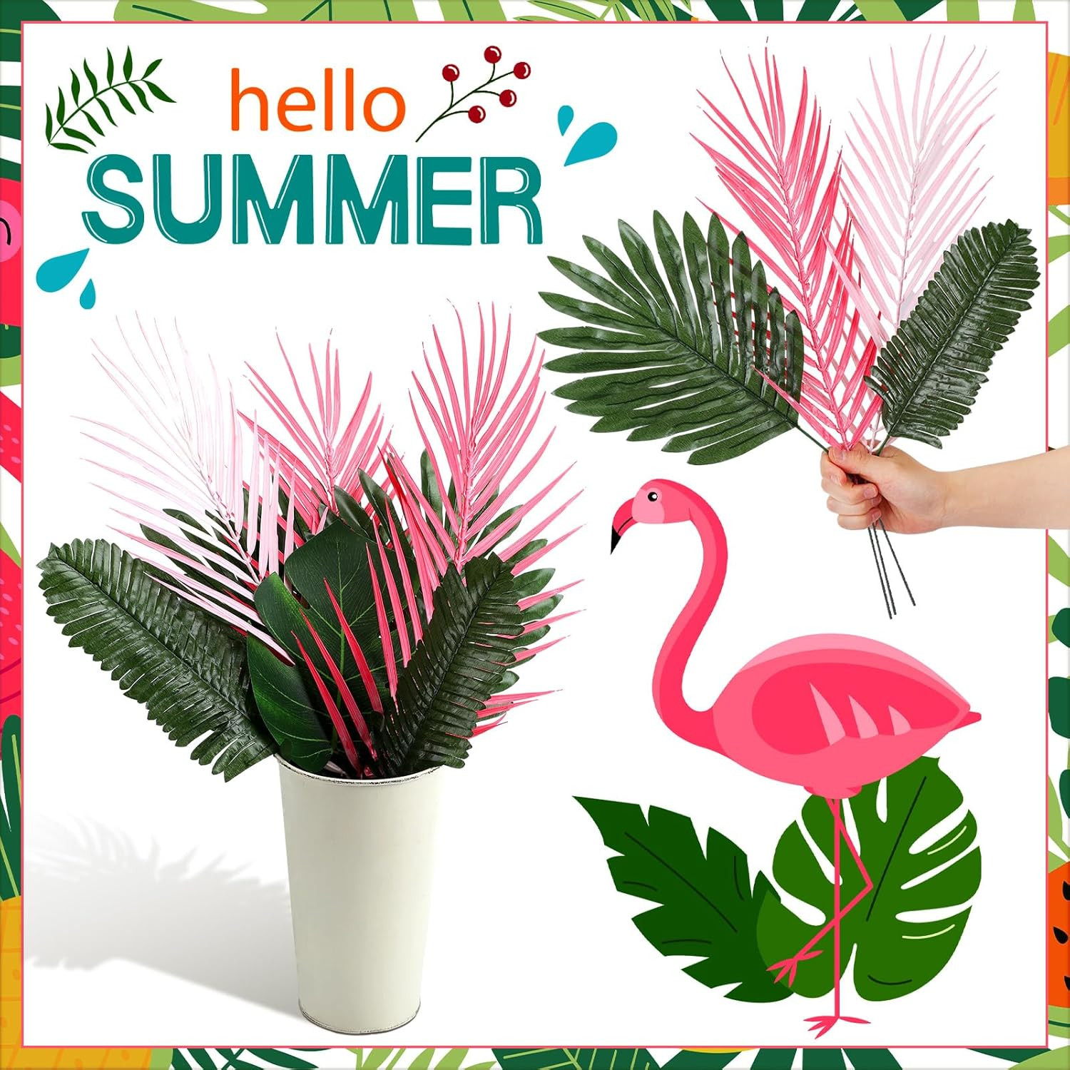 46 Pcs Tropical Artificial Palm Leaves Monstera Decoration Green Hot Pink Set fo