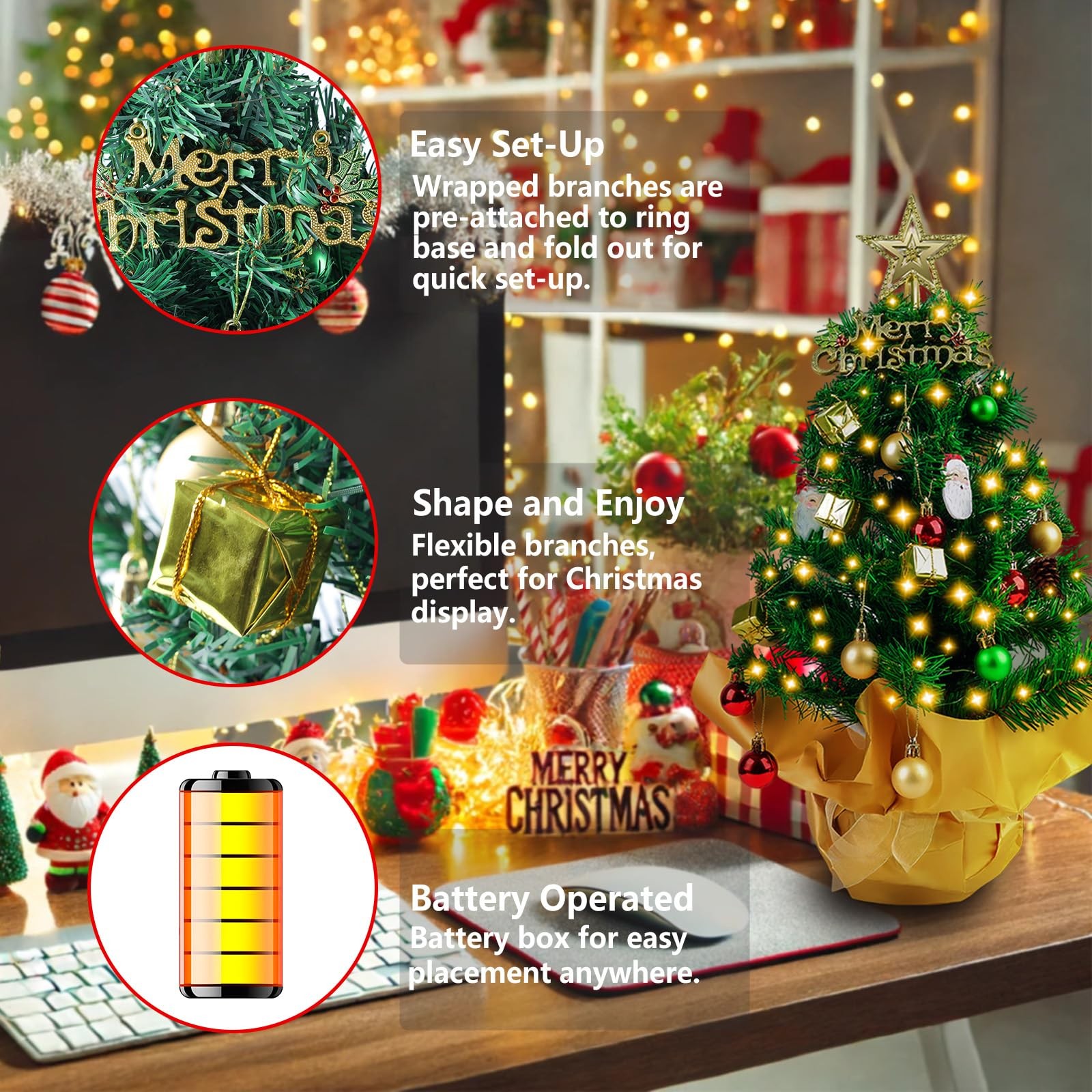 23Inch Mini Tabletop Small Christmas Tree Lights Star Topper Ornaments