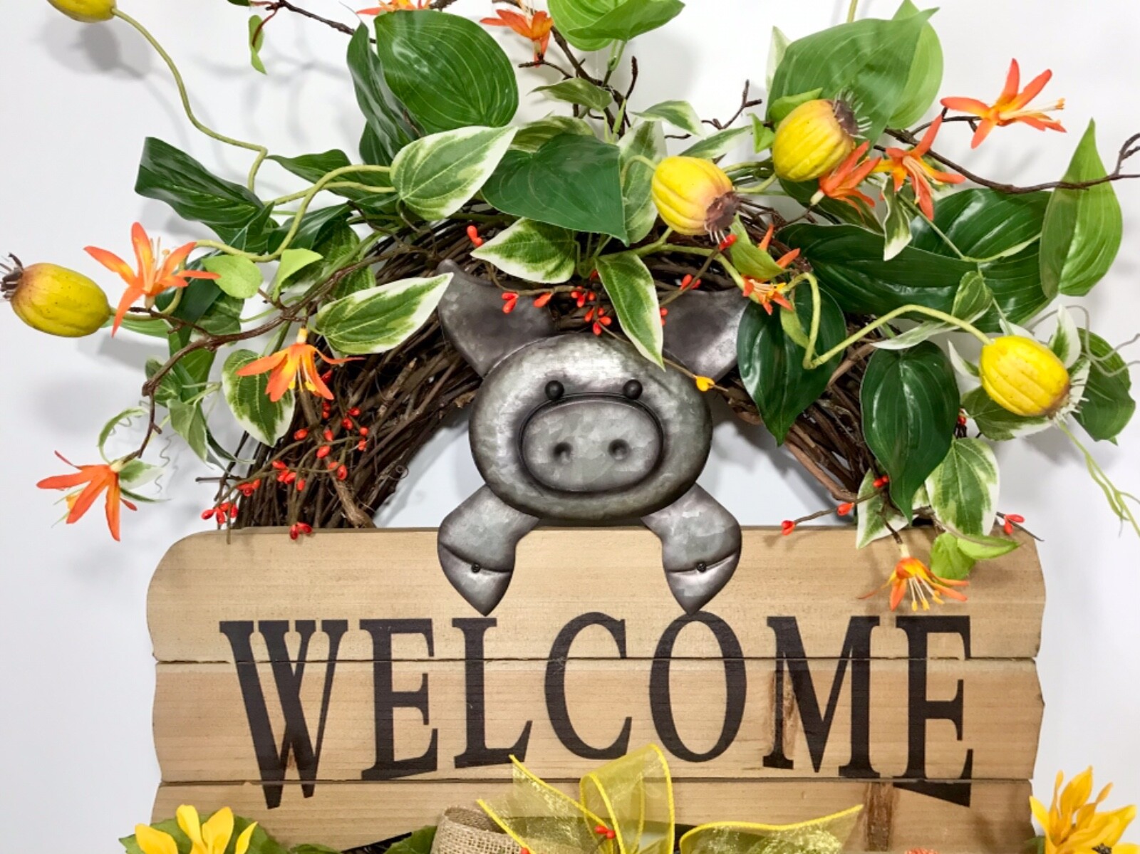 BRIGHT SUNFLOWER GRAPEVINE SUMMER WREATH METAL PIG WOOD WELCOME SIGN DECOR NEW