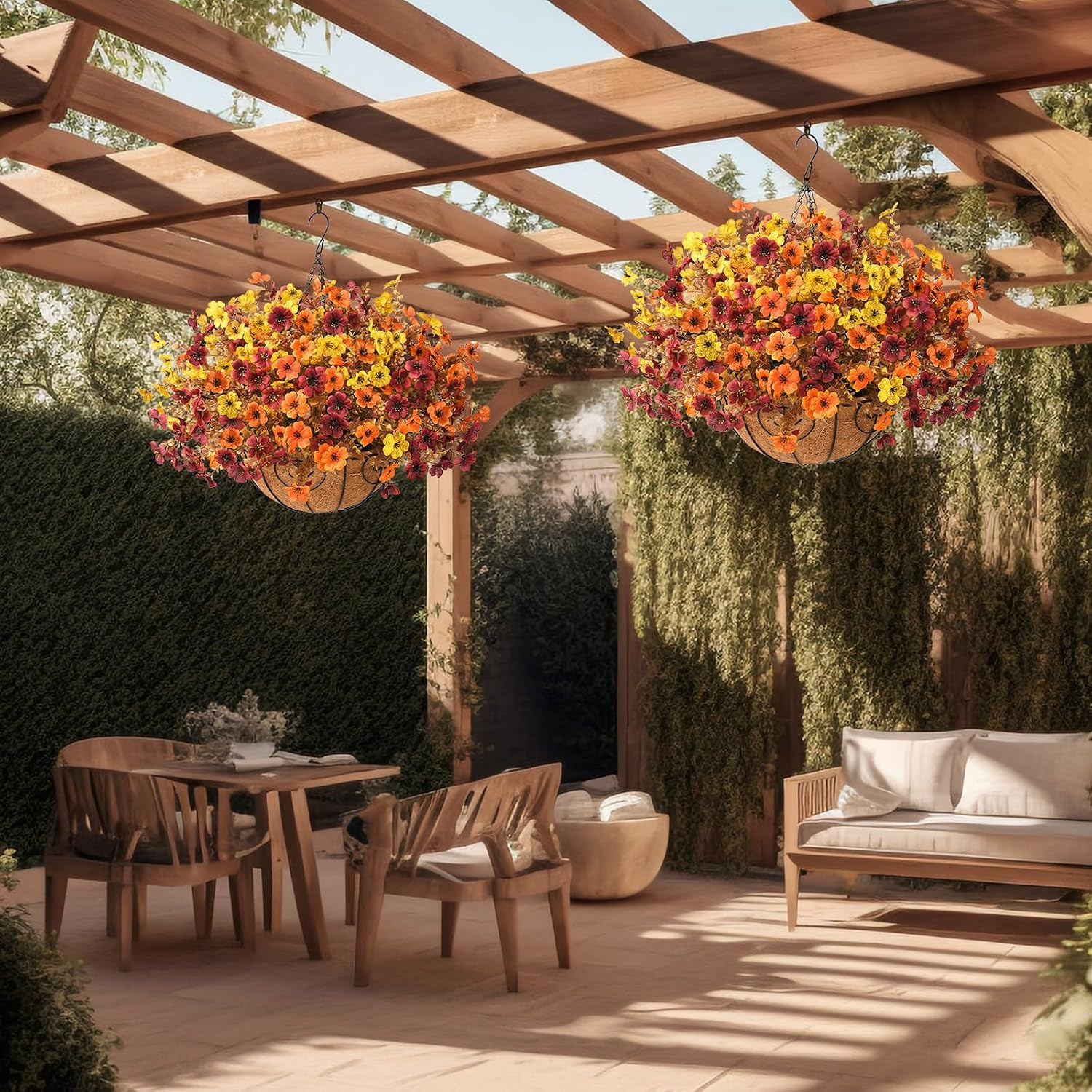 Vibrant Faux Fall Hanging Baskets – UV Resistant Mums for Outdoor Decor