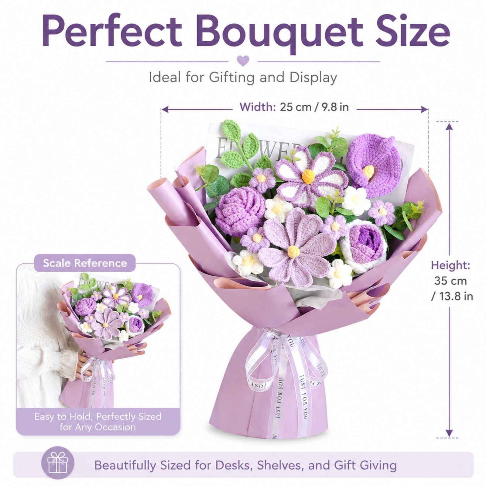 Handmade Crochet Bouquet, Purple Calla Lily & Roses Knitted Flowers with Gift…