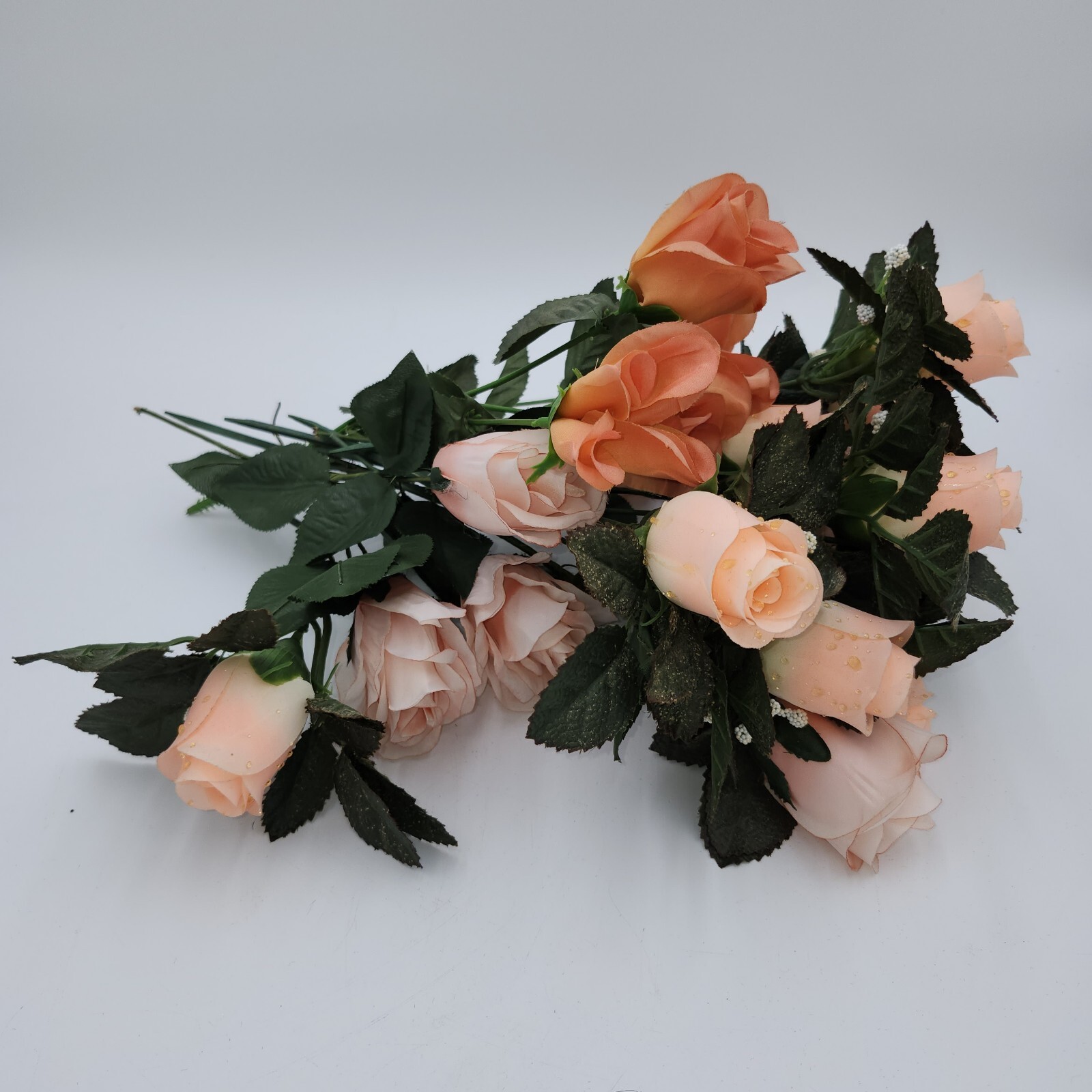 vintage faux fake artificial flowers peach roses w/raindrops 16″