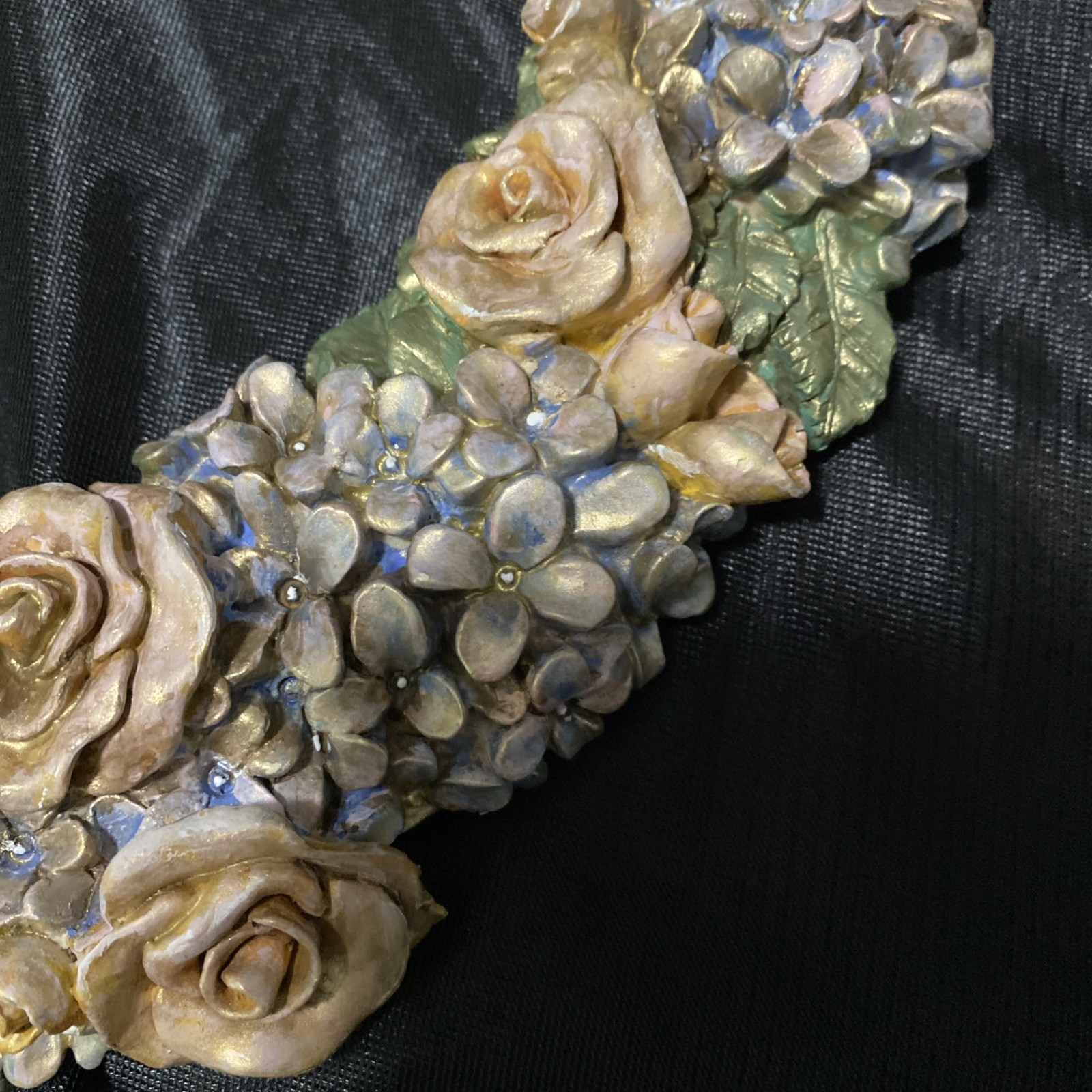 Vintage Resin Rose and Hydrangea Heart Wreath Custom Soft Muted Pastels, Guilted