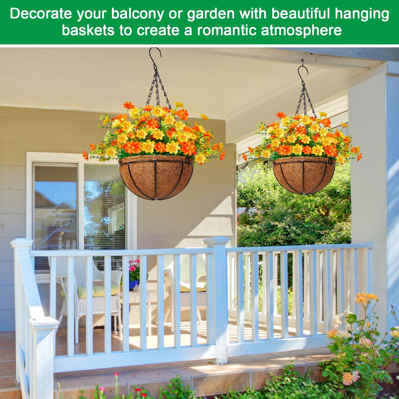 2 Pack Artificial Hanging Basket with Daisy Flowers, 12 Inch Faux Hanging Flo…