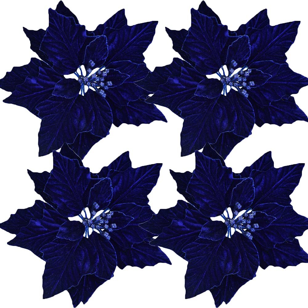 4pack Christmas Poinsettia Decorations 9.8in Artificial Velvet Flowers For Chris