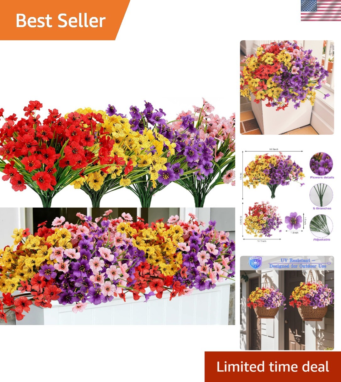 Colorful 16 Bundle Artificial Flowers – Weatherproof & Pet-Friendly Decor