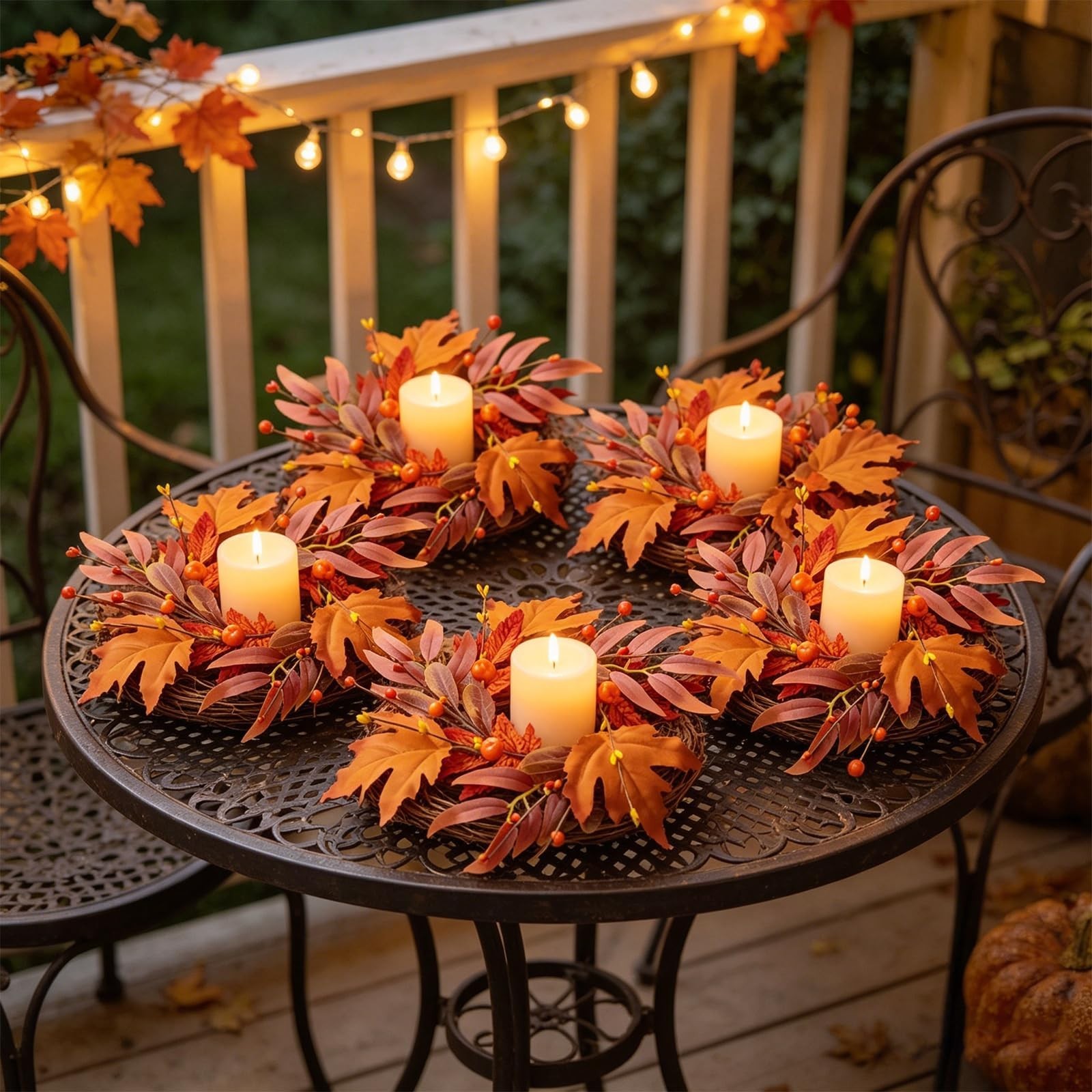 4 Pcs Mini Fall Wreaths – 9″ Maple Leaf Candle Rings, Autumn Centerpieces for Ho