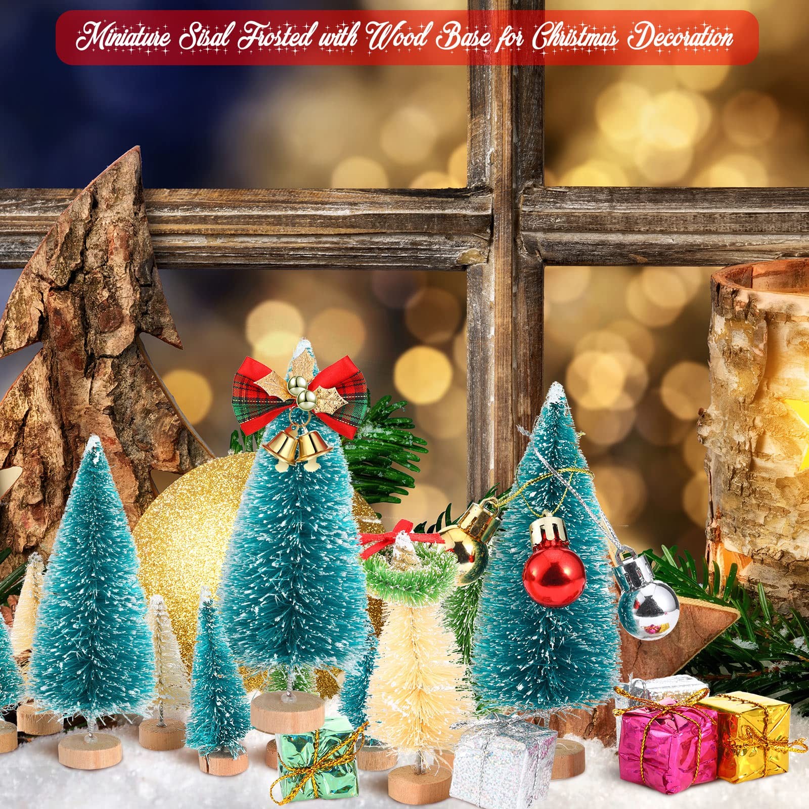 67 PCS Miniature Christmas Trees Set Artificial Wood Base Mini Sisal Frosted