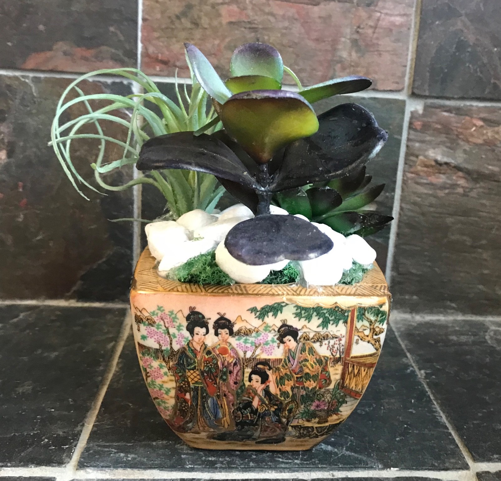 Artificial Green Grass Succulent Planter in a Satsuma Bowl with Geishas