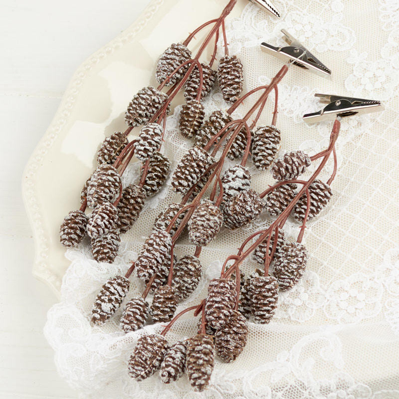 Set of 18 Hanging 7″ Artificial Snowy Pinecone Stems with Clips