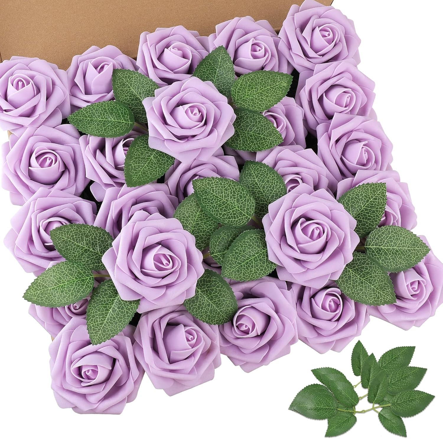 25Pcs Real Looking Artificial Lavender Roses W/Stem for DIY Wedding Bouquets Cen