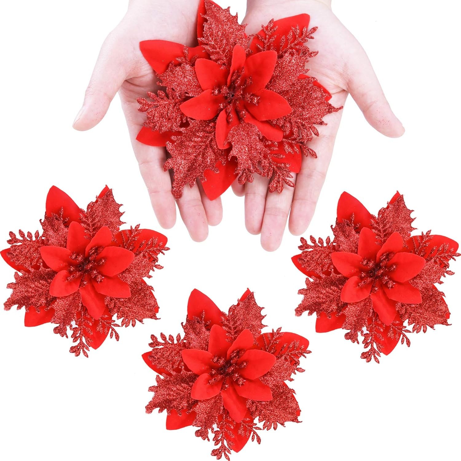 12 Pcs Glitter Poinsettia 5.5″ Artificial Flowers Christmas with Clips Stems …