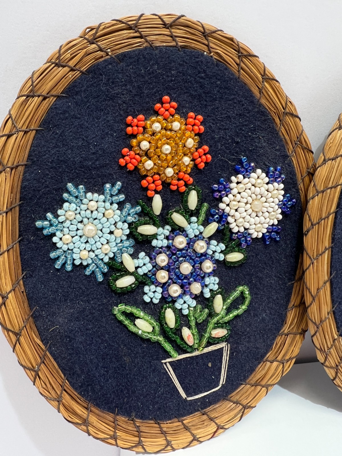 VTG Handcrafted Embroidery Beaded Art Floral Bouquet Blue Felt Sweet Grass Frame