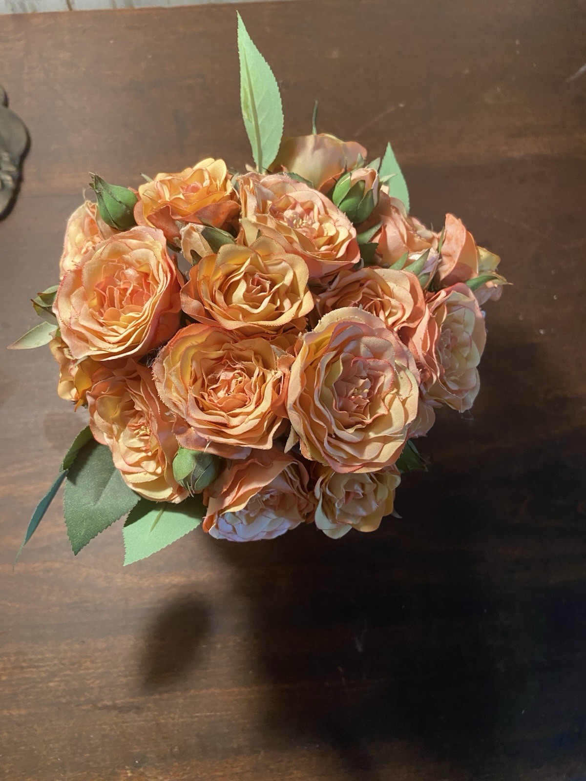 Faux Orange Rose Silk Floral Centerpiece 7 Inches Tall