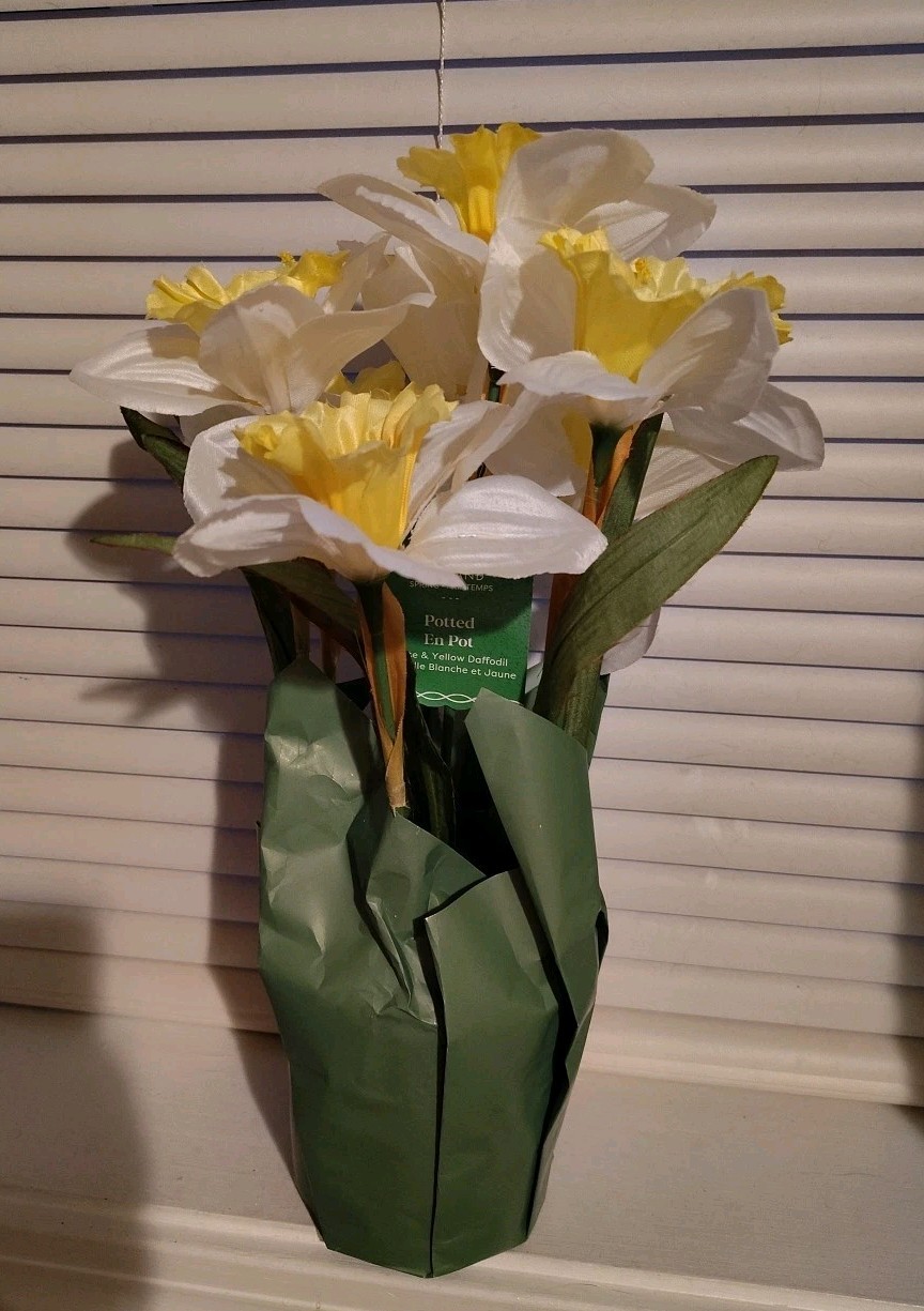 Artificial Yellow And White Daffodils In Pot With Paper