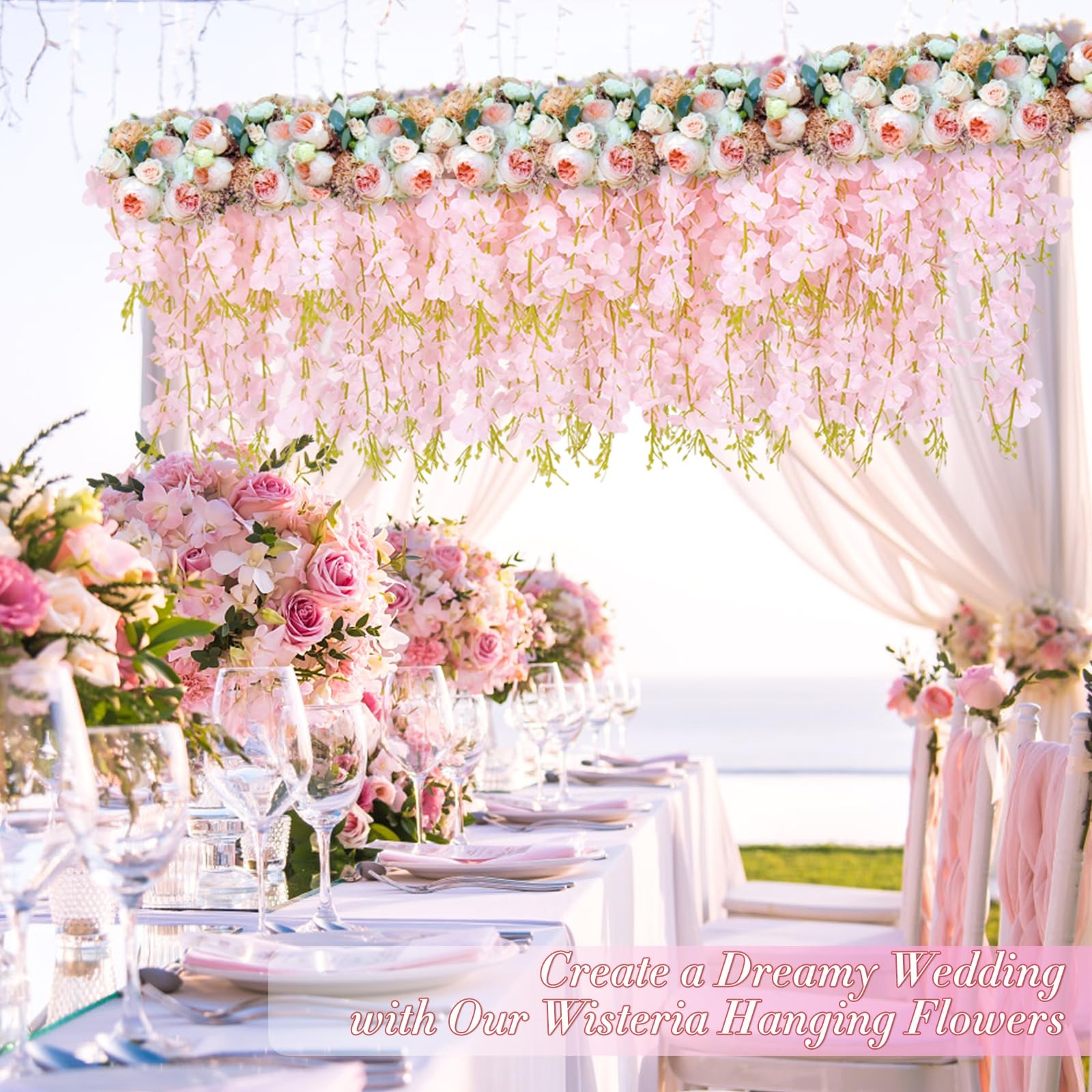40 Pack Light Pink Wisteria Hanging Flowers, Fake Hanging Flowers for Decorat…