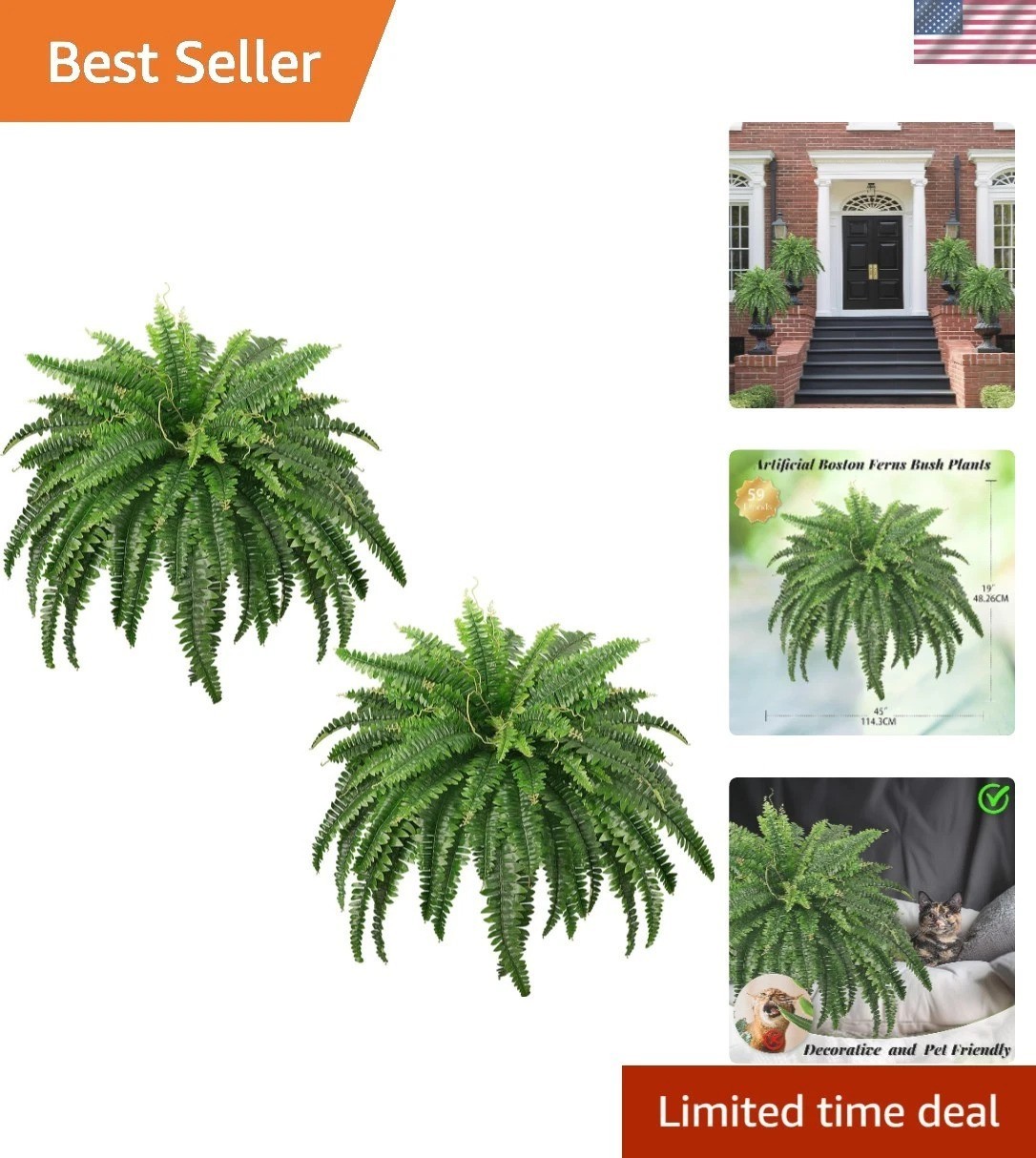 Set of 2 Large 45″ Faux Ferns with Realistic 59 Fronds – Indoor & Outdoor Appeal