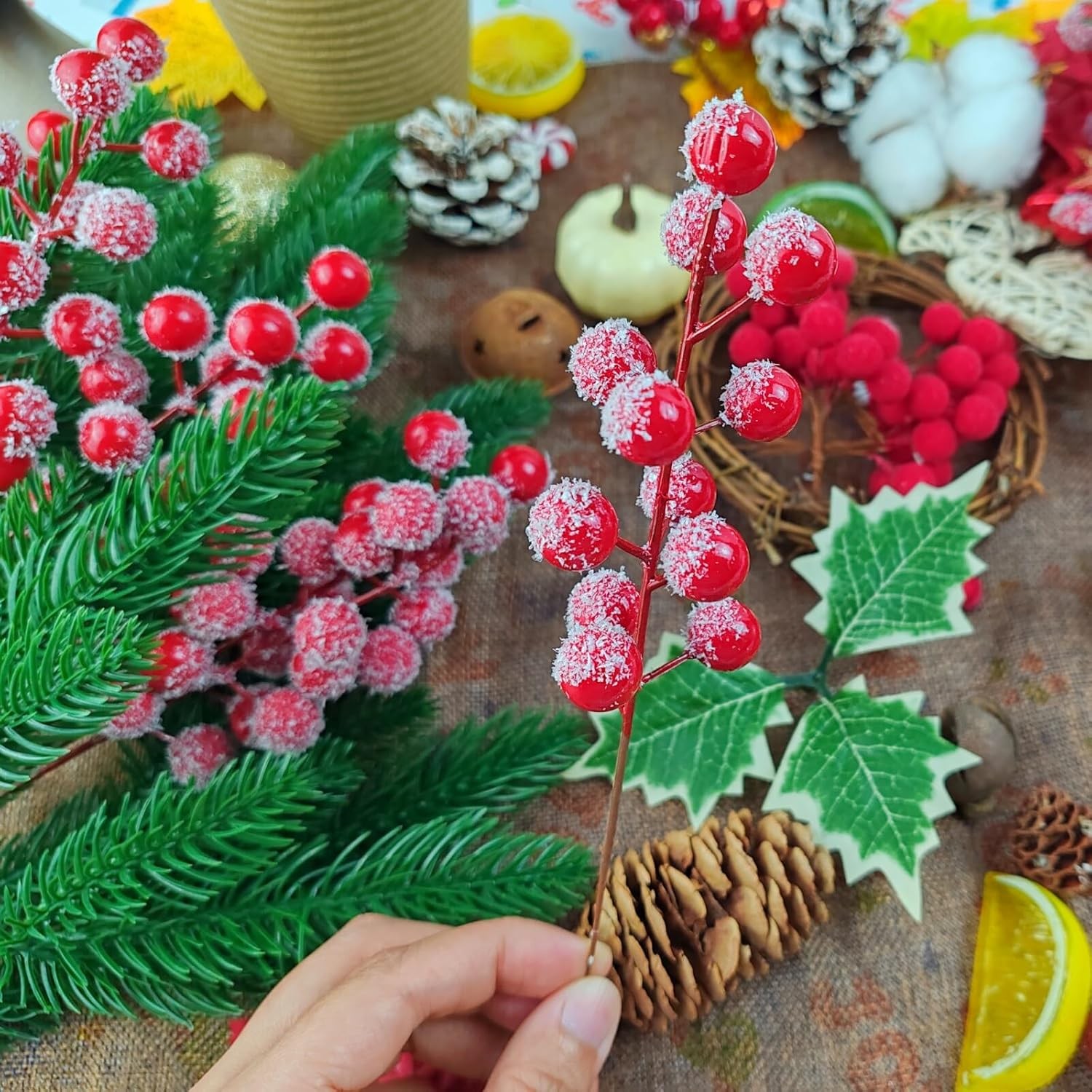 Artificial Holly Berry Stems for Holiday Decor