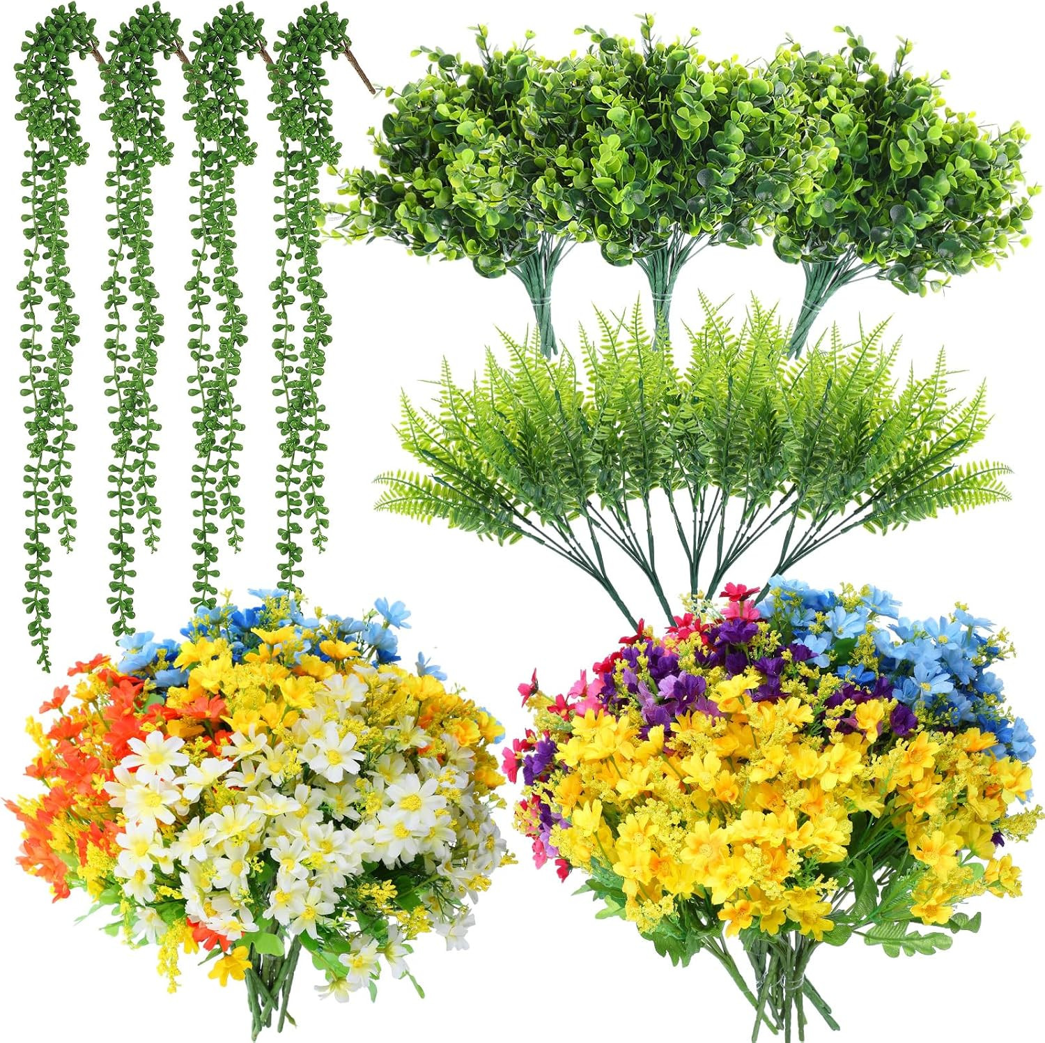 48 Pcs Colorful Fake Plants Set – Orchid, Fern, Eucalyptus for Home Decor