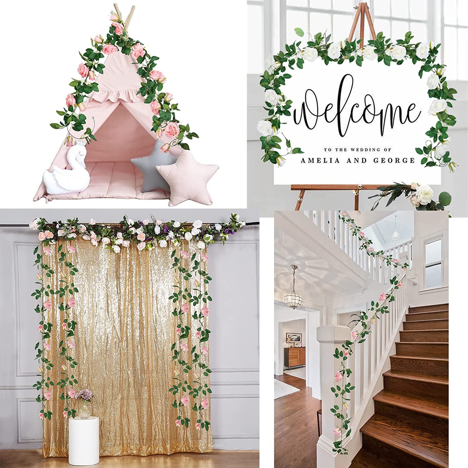 3PCS 7.5 Ft Artificial Fake Rose Vine Garland Hanging Plants Home Wedding Decor