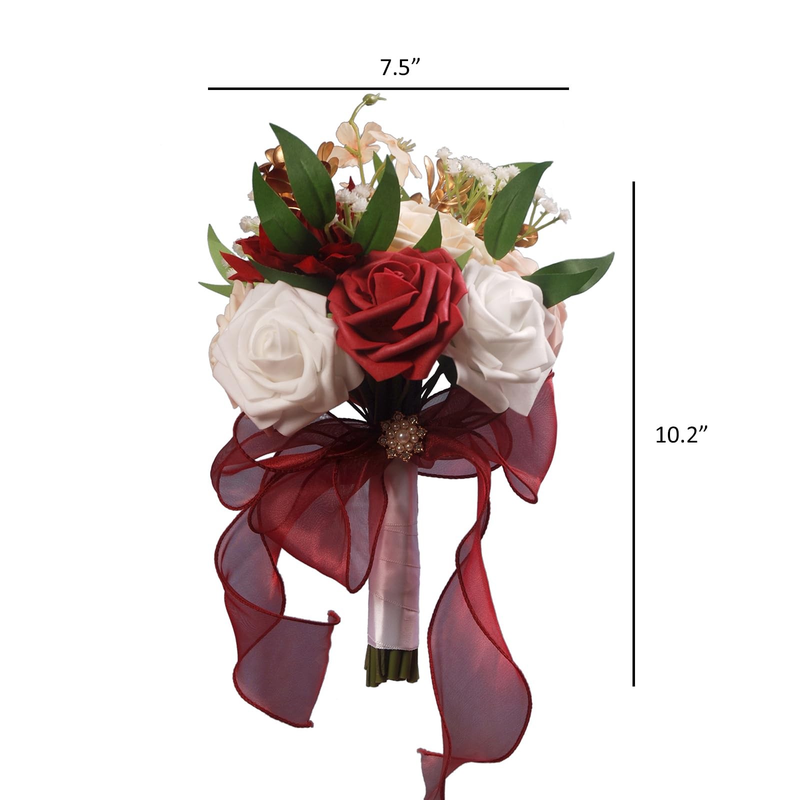 Burgundy White Silk Ribbon Artificial Toss Rose Wedding Bridesmaid Bouquet
