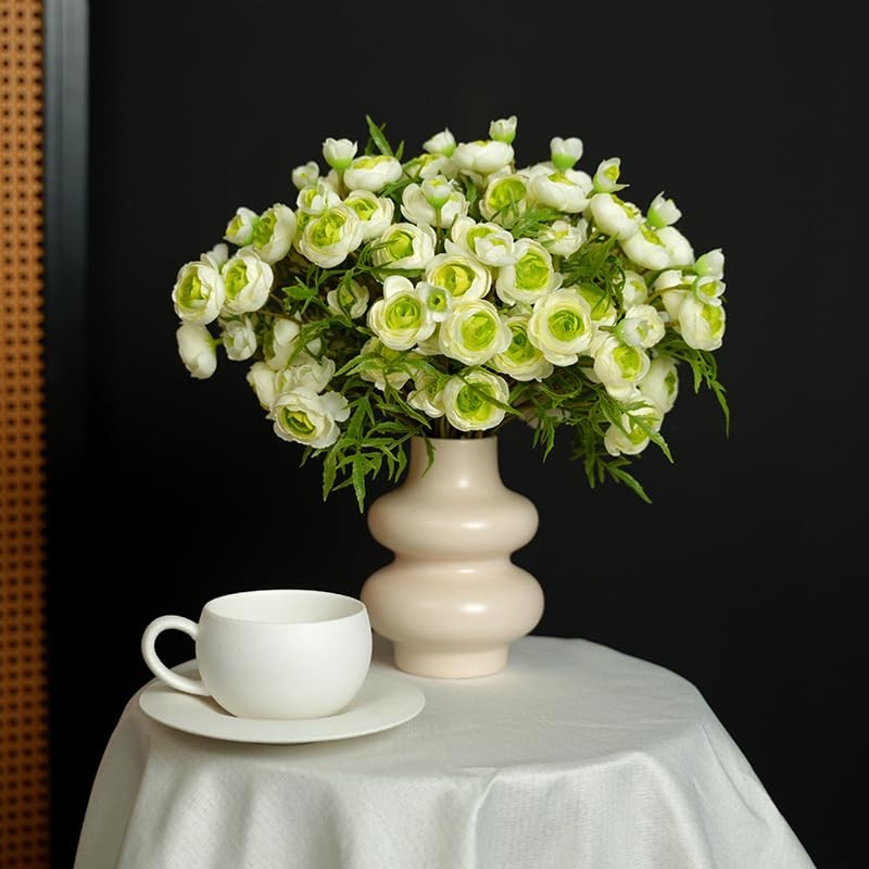 20 PCS Artificial Ranunculus Flowers Faux Silk Bouquet White Green Home Decor