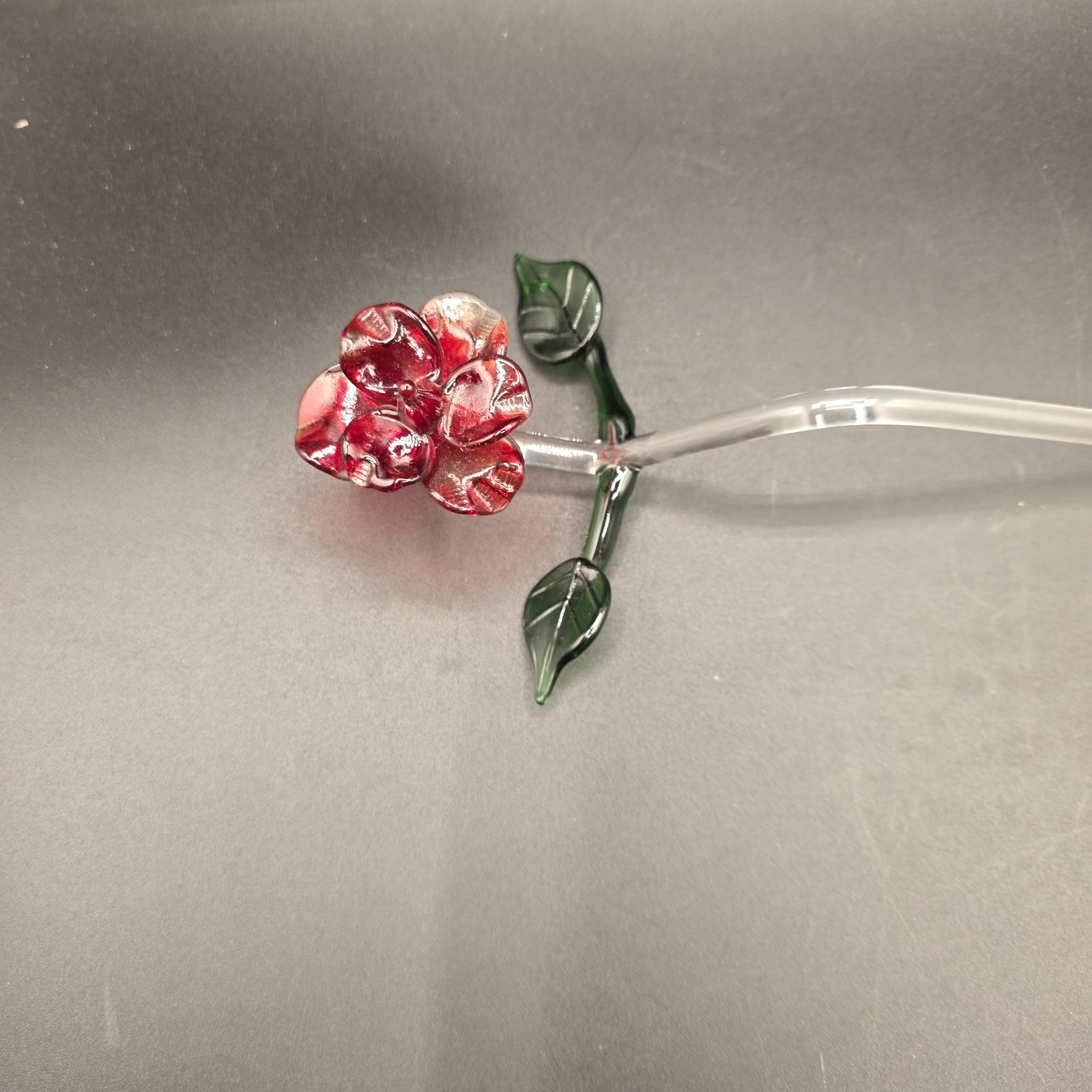 Glass Long Stem Red Rose with Green Leaves 10″ Applied Blown