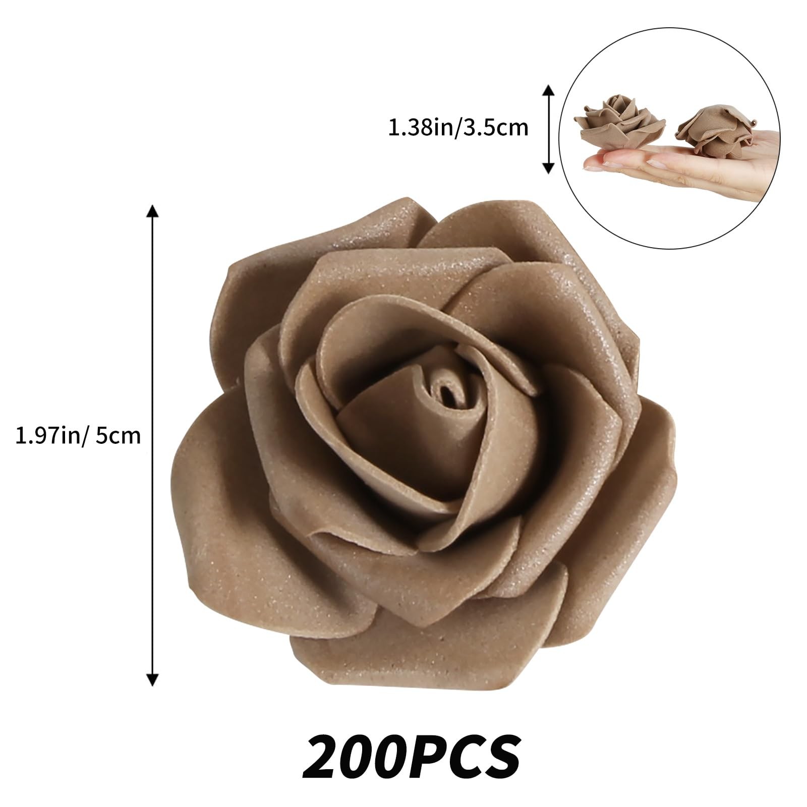 200 PCS Artificial Foam Roses 1.97 Inch Flower Heads DIY Wedding Light Brown