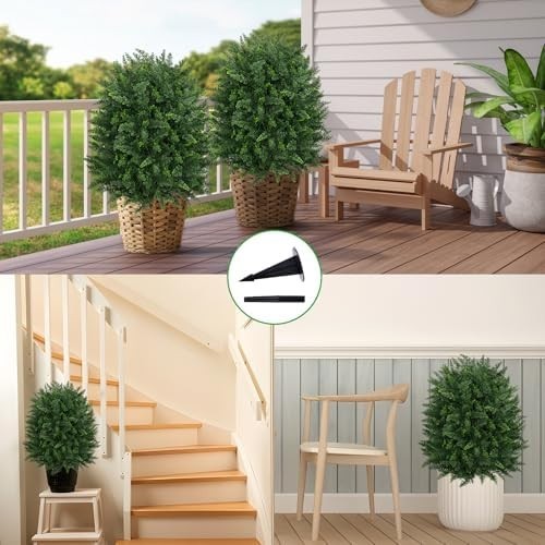 Artificial 28.7 Inches Cedar Topiary Trees with Ground Spike, 2 Pieces Fake Pine