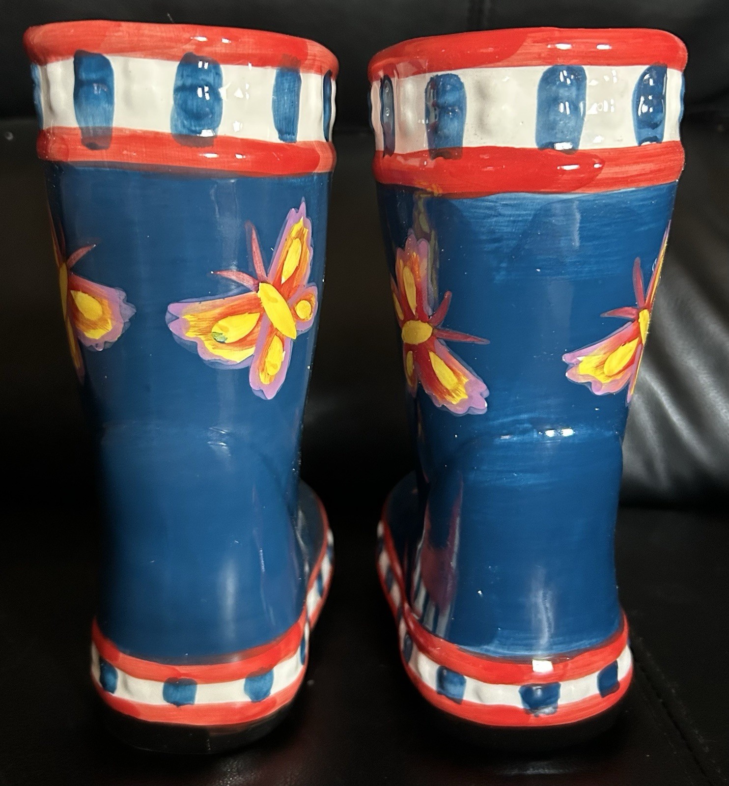 Pair Of Ceramic Butterfly Rain Boot Planter 7.5″ tall Blue,Yellow, Red, White