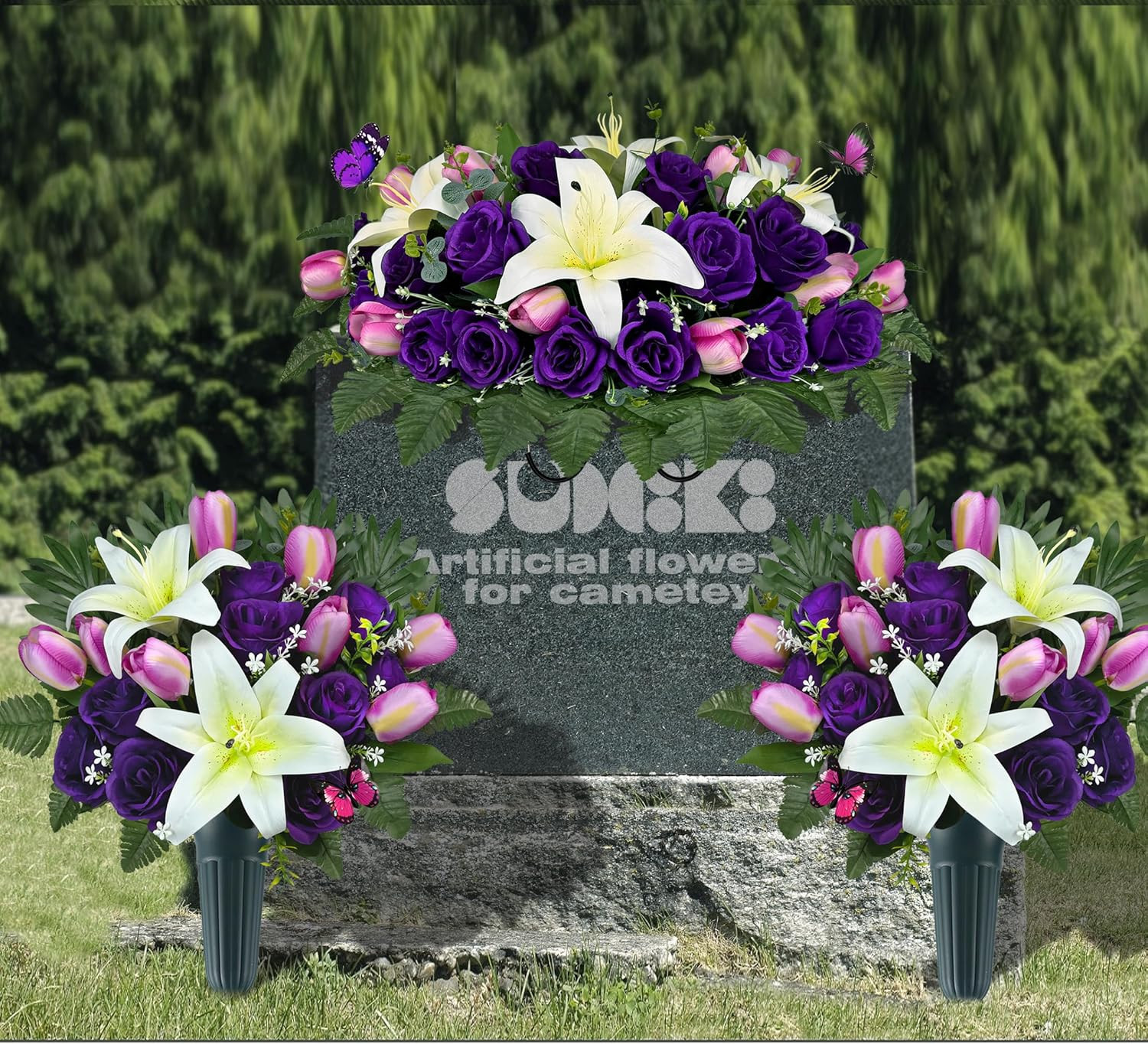 Elegant Cemetery Flowers with Vases – Silk Lilies & Butterflies, Purple/White