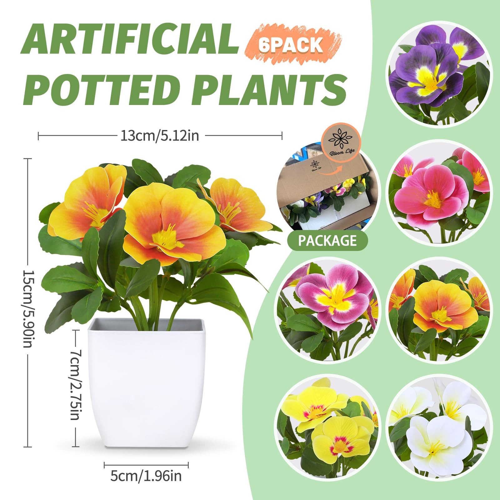 6 Pack Artificial Pansy Flowers In Pots 5.9 Inch Mini Fake Potted Plants