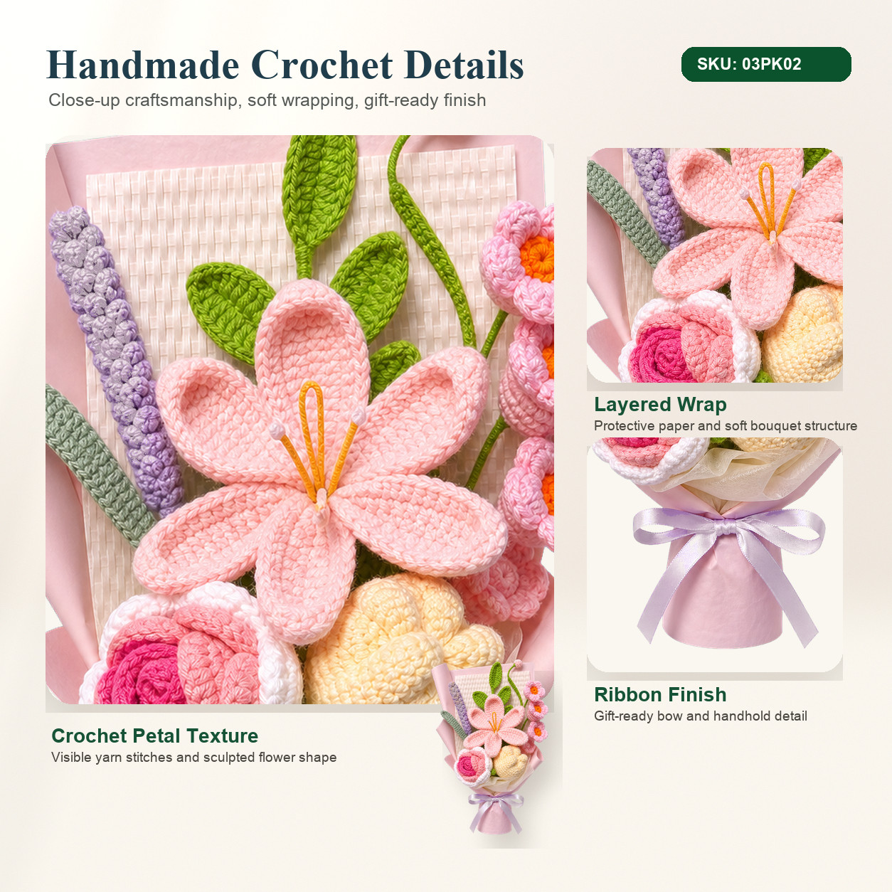 Pink Lily Rose Crochet Bouquet Handmade Birthday Gift for Her
