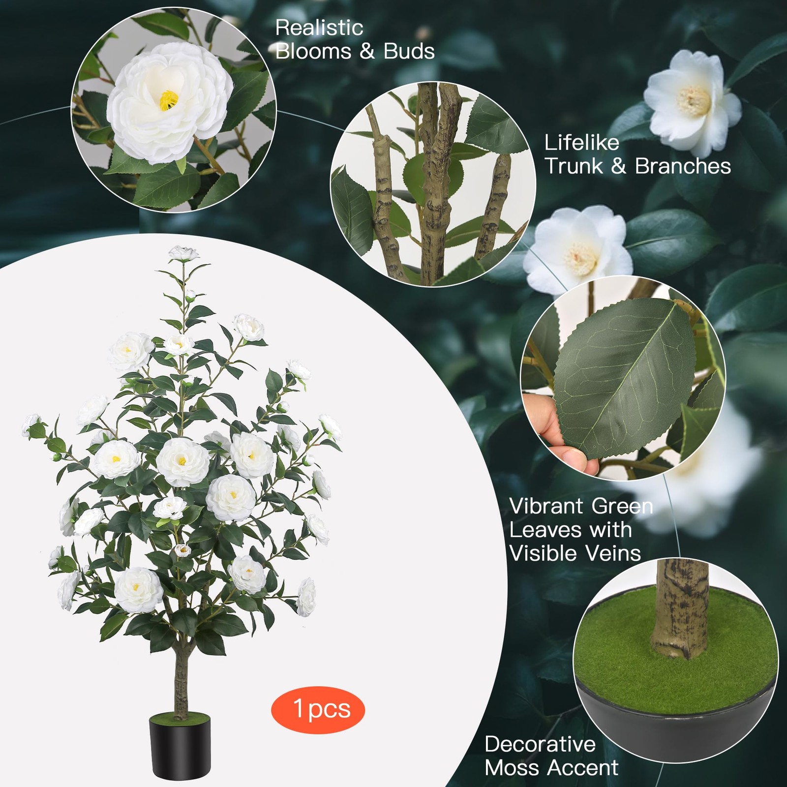 1Pack 47.24″/3.94FT Artificial Camellia Trees with 36 White Flowers in Pots –…