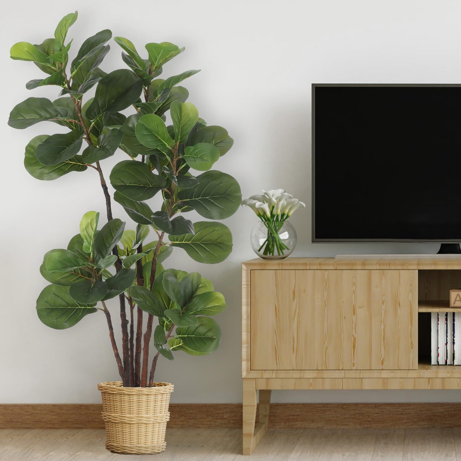Artificial Fiddle Leaf Fig Tree, 4 Ft Faux Ficus Lyrata Tree with 72 Leaves i…