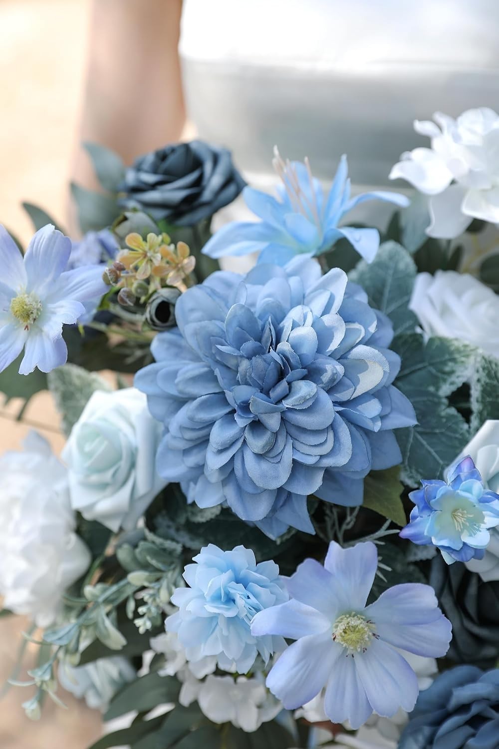 DIY Floral Arrangement Set with Blue Silk Flowers and Green Leaves for Parties