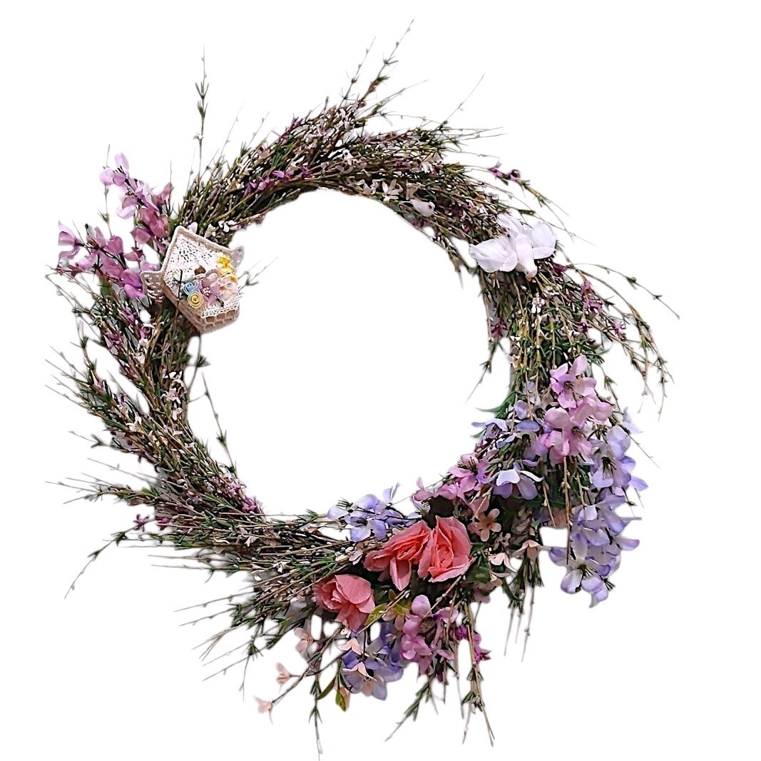 Spring Summer Door Wreath 18″ Field of Flowers Crochet Feather Bird House Wall