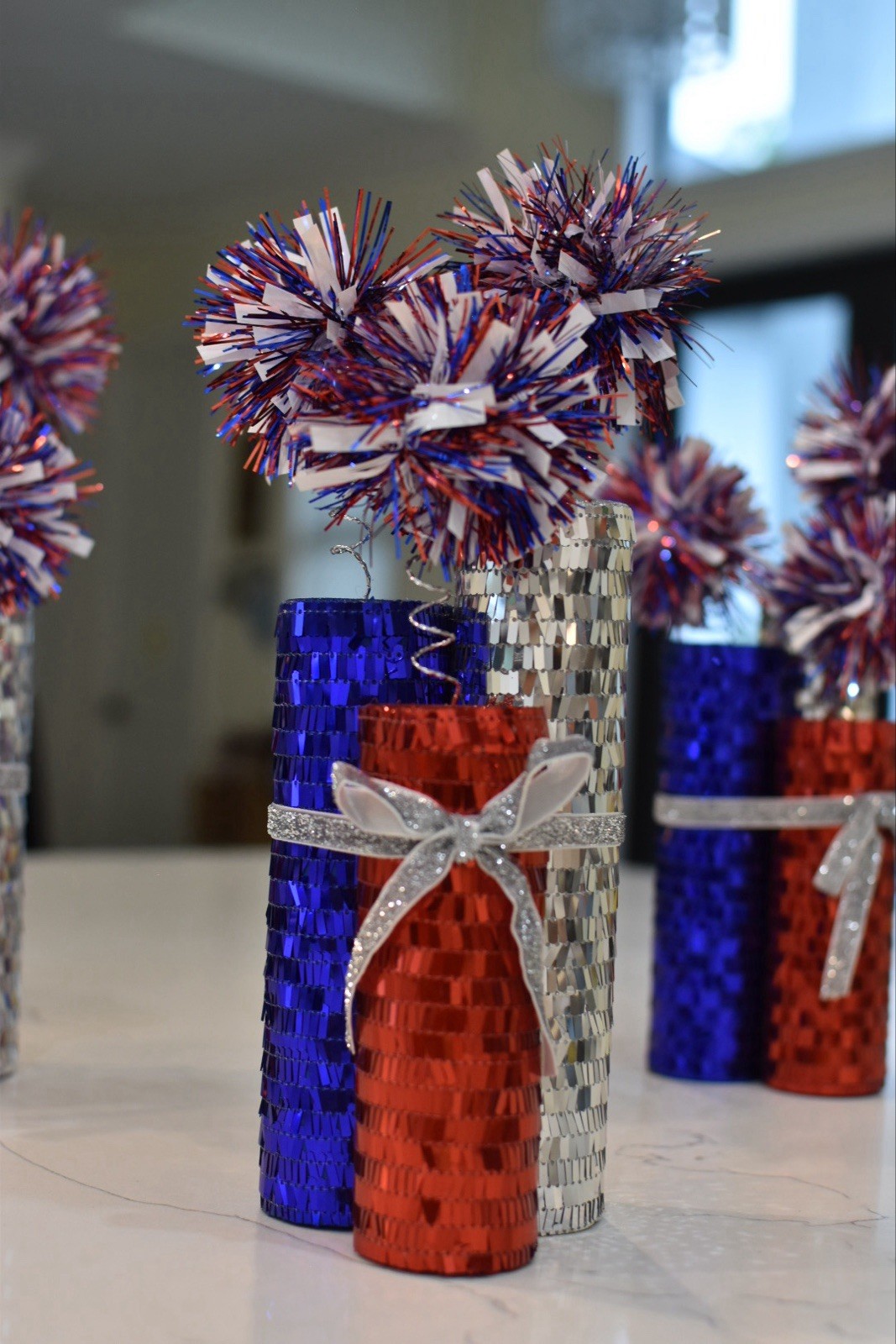 Set of Three Firecracker Centerpieces Red White and Blue Sequence USA Patriotic