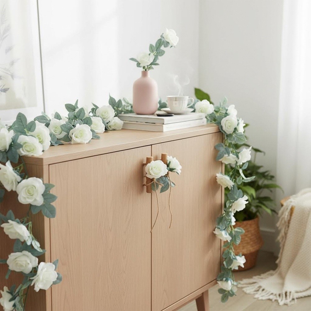 White Rose Garland 86.6 inches with Reinforced Wire Stem for Stability