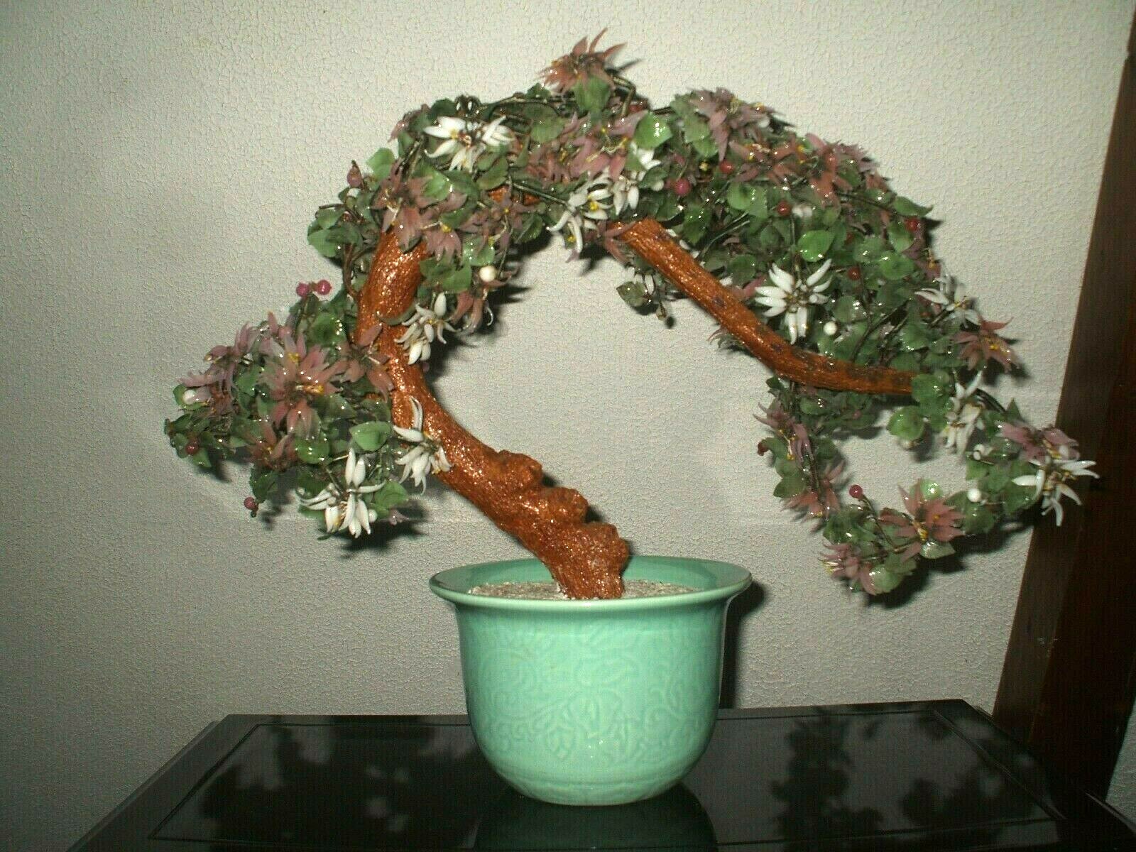 Vintage Flowering Cherry Blossom Bonsai Tree Jade Celadon Pot Handcrafted